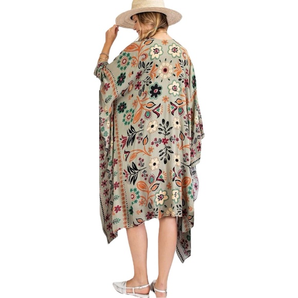 Easel Longline Floral Boho Lightweight Crinkle Oversized Poncho Style Kimono - Picture 3 of 13